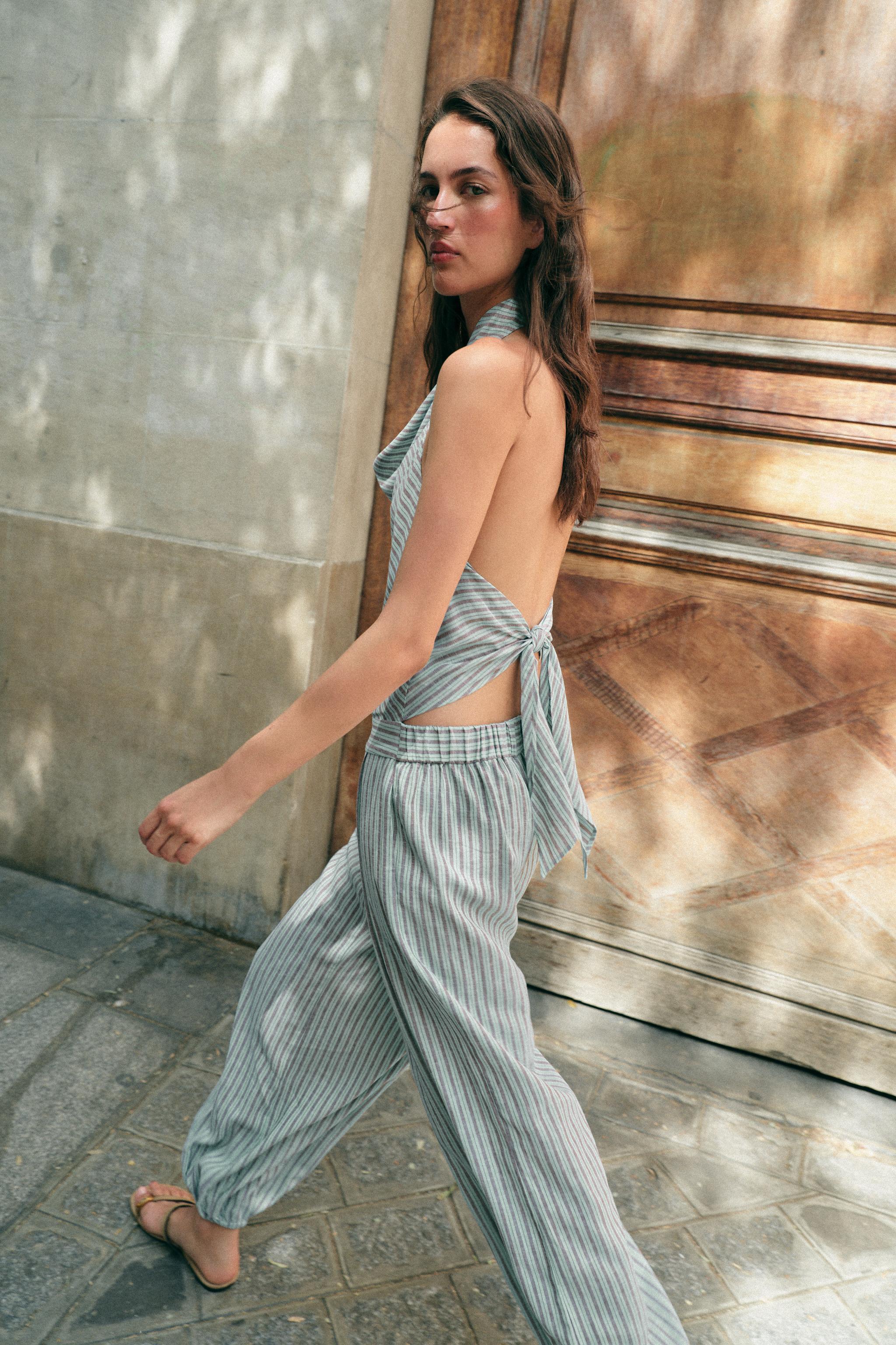 STRIPED LINEN HALTER JUMPSUIT